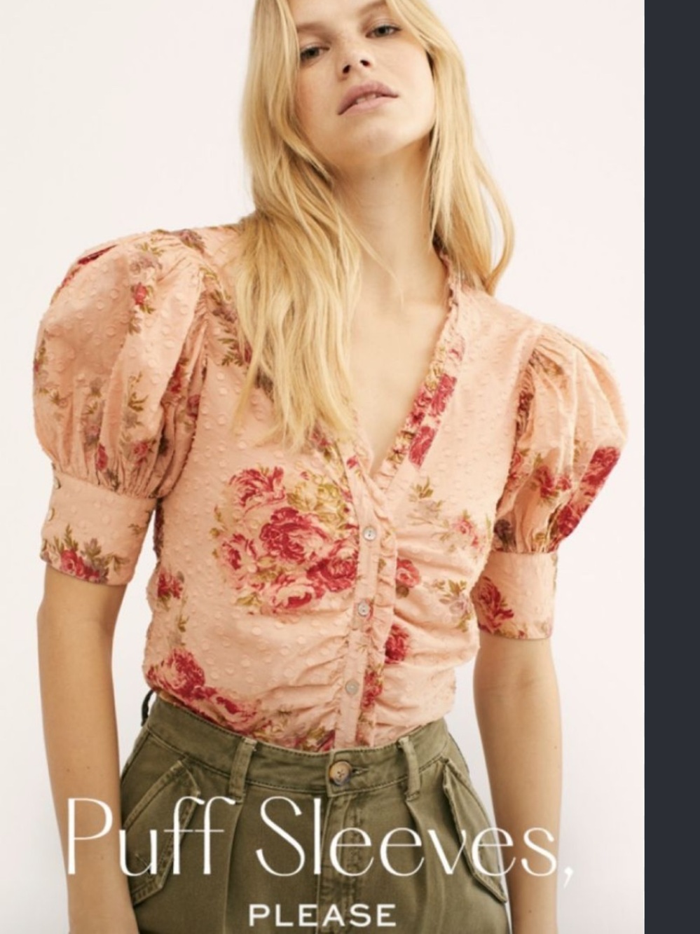 Love Shack Fancy Pink Floral Button Puff Sleeve Blouse